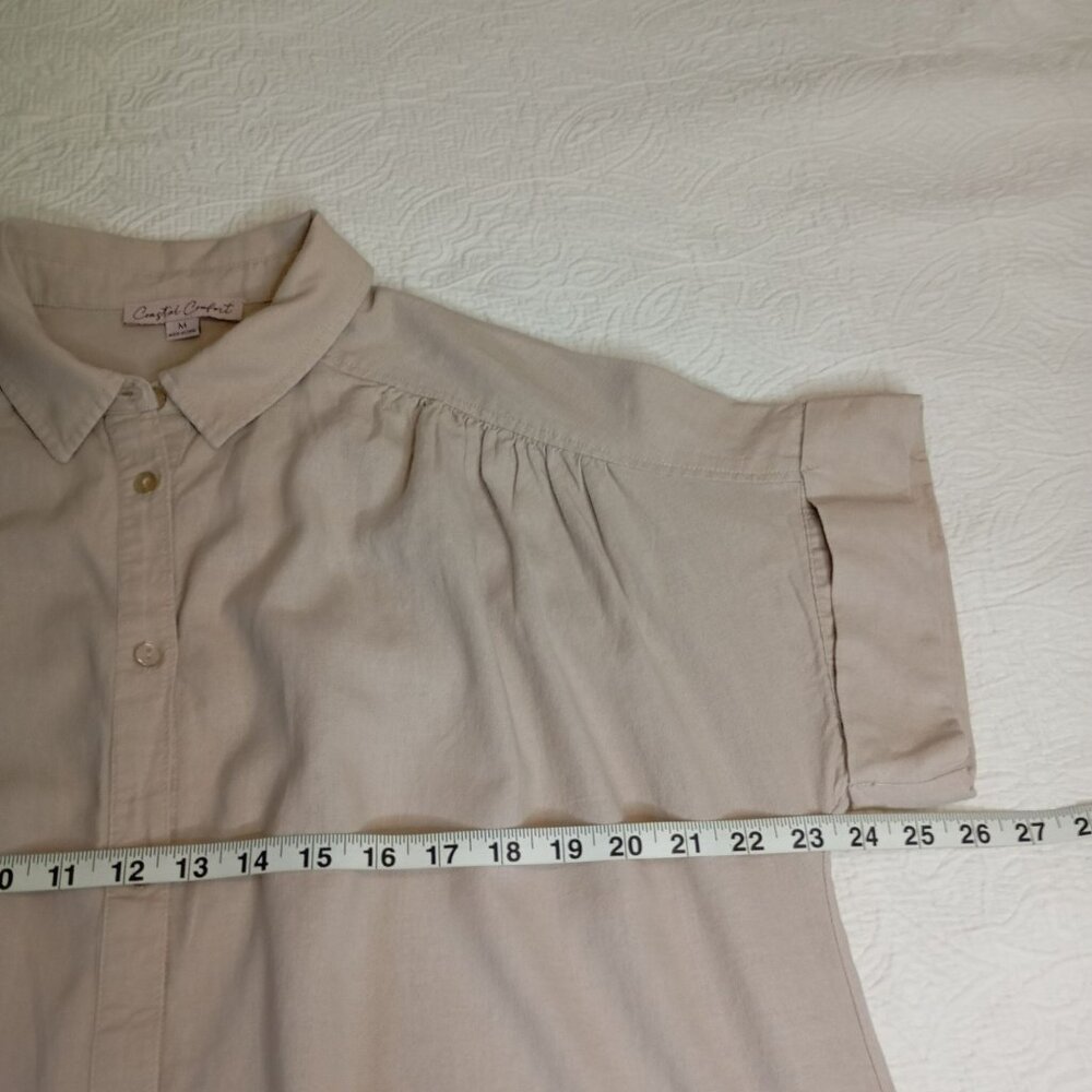 Coastal Comfort Shirt Dress Linen Blend Button-Up With Pockets Size M Beige - Picture 10 of 11